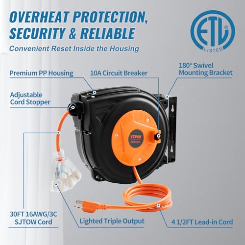 VEVOR RETRACTABLE EXTENSION CORD REEL, 30 FT, HEAVY DUTY, NAE-B10 - BLACK/ORANGE - Like New