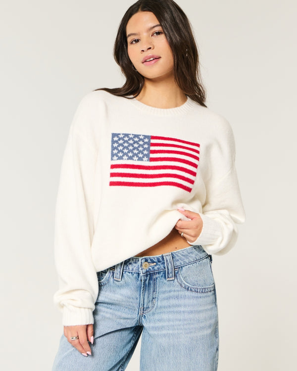 HOLLISTER COMFY CLOUD AMERICAN FLAG GRAPHIC SWEATER SIZE LARGE - CLOUD WHITE - Brand New