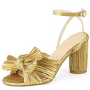 MUCCCUTE Women's Bow Knot Heeled Sandals Ankle Buckle Strap Chunky Heeled - Gold - Like New