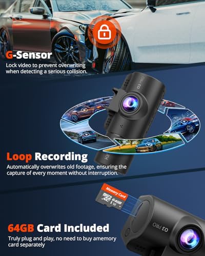 KINGSLIM 3 Channel 5G WIFI Dash Cam + 64GB, Front, Rear Inside Dashcam O3PRO - Like New
