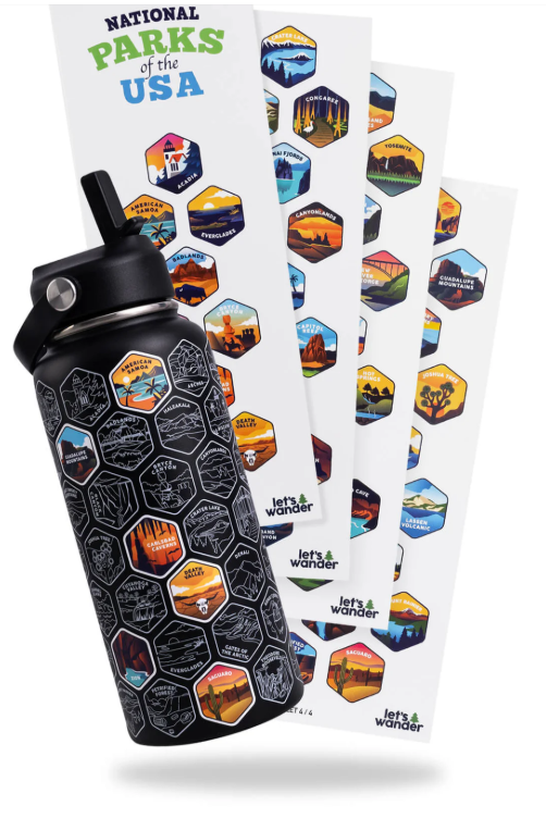 LETS WANDER™ NATIONAL PARKS WATER BOTTLE + STICKERS BESTSELLER - BLACK - Like New