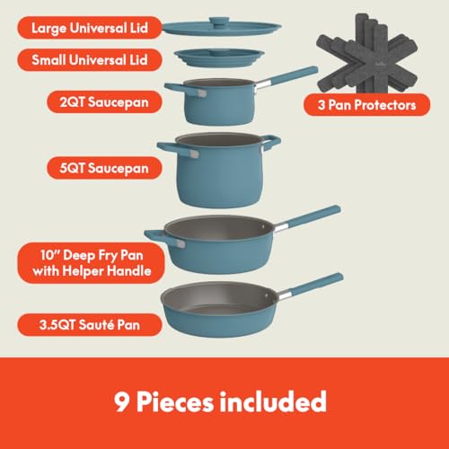 BELLA 9 PIECE CERAMIC NONSTICK COOKWARE SET EVERGOOD COATING - SURF - Like New