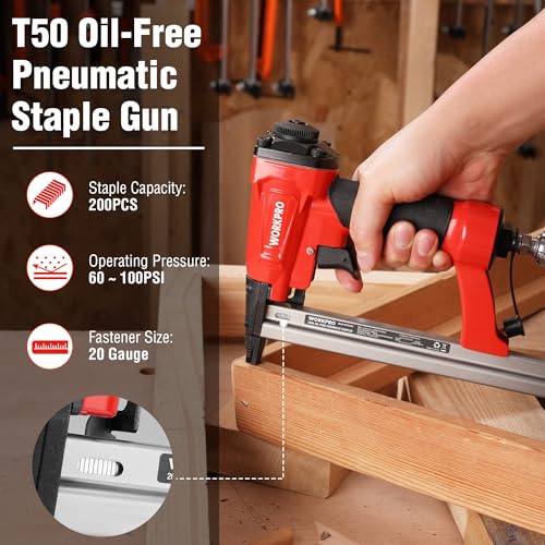 WORKPRO PNEUMATIC 20GA OIL-FREE STAPLE GUN T50 UPHOLSTERY STAPLER - RED/BLACK - Like New