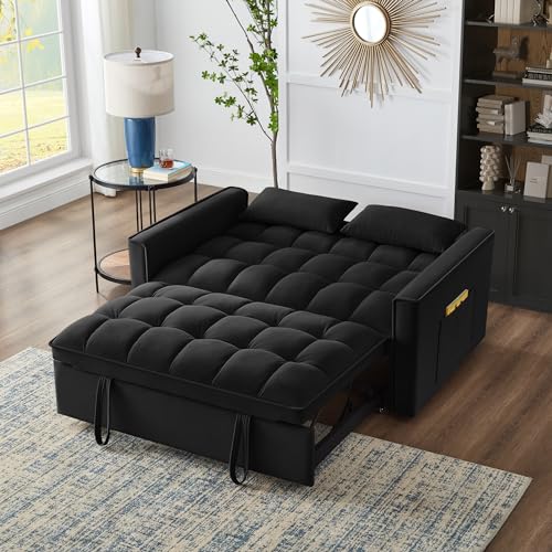 SLEERWAY BLACK VELVET SLEEPER SOFA COUCH, 4 IN 1 MODERN CONVERTIBLE - BLACK - Like New