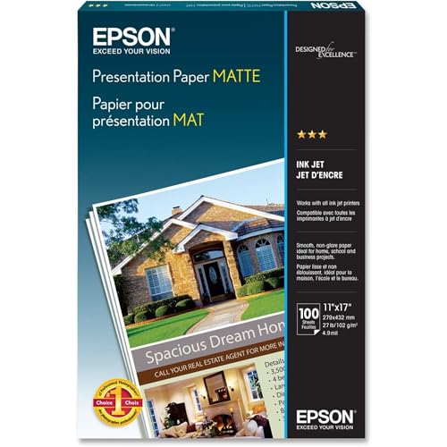 EPSON PRESENTATION PAPER MATTE 11X17 INCHES 100 SHEETS S041070 - WHITE - Brand New