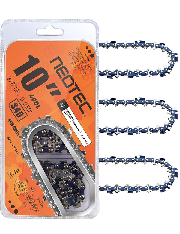 NEOTEC Chainsaw Chains, 10'' Bar, S40 Chain, 3/8 HP chainsaw, 3 chains pack - Like New