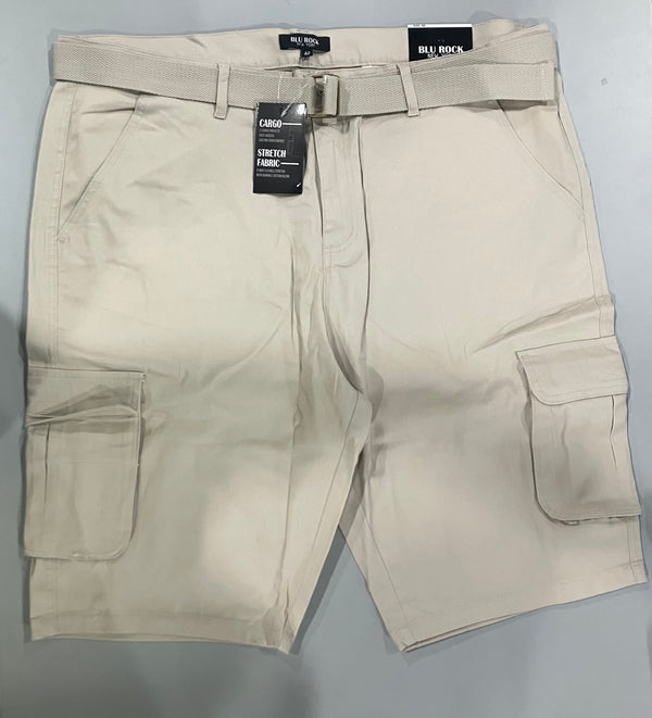 BLU ROCK MEN'S VINTAGE-LIKE COTTON CARGO BELTED SHORTS - SIZE: MEN 42 - STONE - Brand New