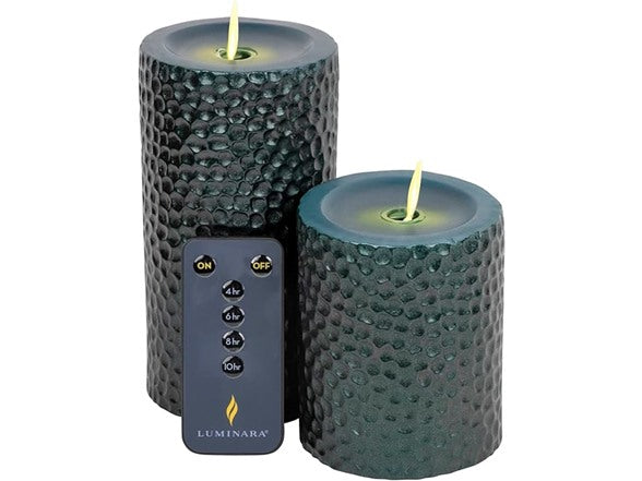 LUMINARA SET OF 2 FLAMELESS 4" & 6" METAL HAMMERED PILLAR SET - RAIN FOREST - Like New