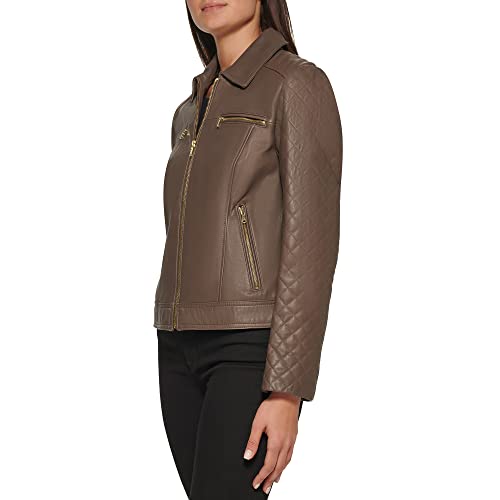 COLE HAAN WOMEN DIAMOND QUILTED SLEEVE SHIRT COLLAR LEATHER COAT XL - STONE - Brand New