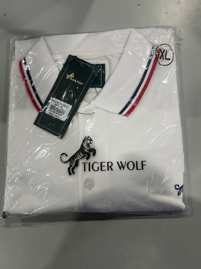 TIGER WOLF 3 BUTTON POLO SHIRT - SIZE: MEN XL - WHITE/RED/BLACK - Brand New