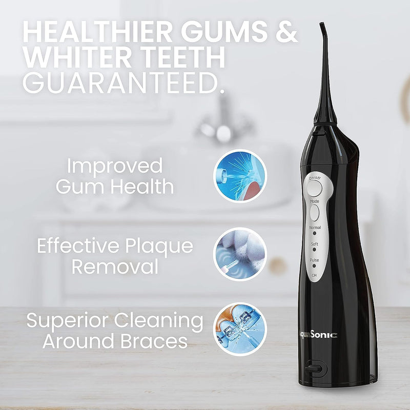 Aquasonic Aqua Professional Rechargeable Water Flosser with 4 Tips - BLACK - Brand New