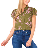 CECE WOMEN'S DOUBLE FLUTTER SHORT SLEEVE HIDDEN PLACKET TOP - SIZE: M - GREEN - Like New