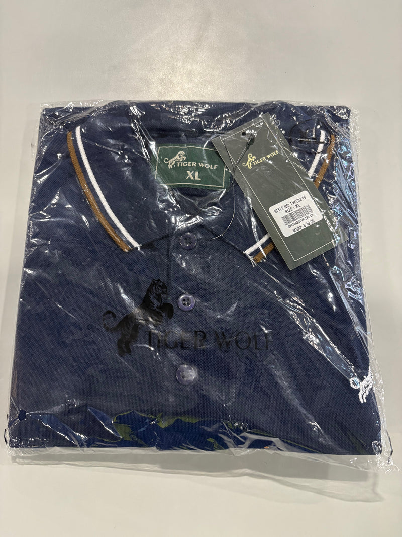 TIGER WOLF 3 BUTTON POLO SHIRT - SIZE: MEN XL - NAVY/WHITE/BROWN - Brand New