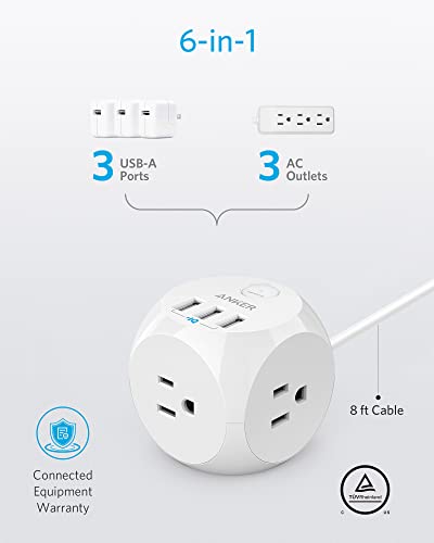 ANKER USB TRAVEL POWER STRIP 321 POWER CHARGING STATION 8FT CORD - WHITE - Like New