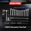 Ultra Steel 113PC Professional Mechanic Tool Set, Ratchet, Sockets, UA50051A-1 - Like New