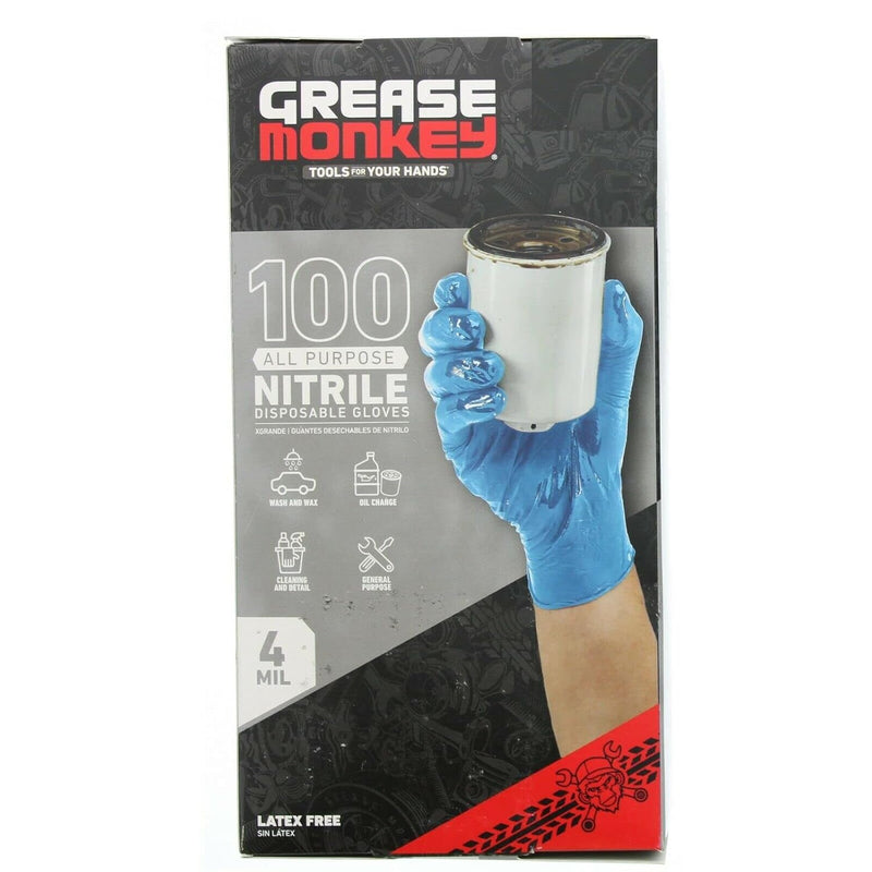 GREASE MONKEY ALL PURPOSE 4MIL THICKNESS DISPOSABLE NITRILE GLOVES 100CT SIZE: L - Like New