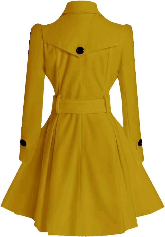 ForeMode Women Wool Pea Coat with Belt Buckle Spring Mid Long Sleeve Yellow XXL - Brand New