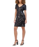 KENSIE WOMEN'S SHORT SLEEVE V-NECK SEQUIN MESH MINI DRESS SIZE 14 BLACK/SILVER - Brand New