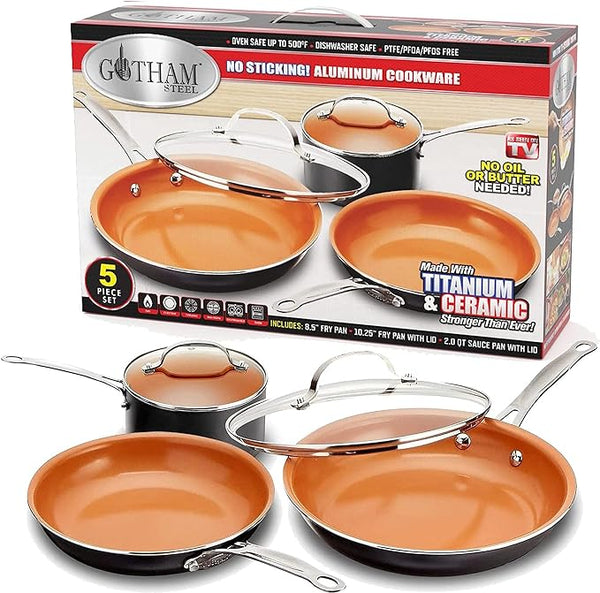 GOTHAM STEEL 5 Piece Cookware Ultra Nonstick Copper Surface 1435 - Graphite Like New