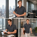 FAHIZO Men Short Sleeve Button Up Stretch Shirt Pocket, DUSTY GRAY, Size L - Brand New