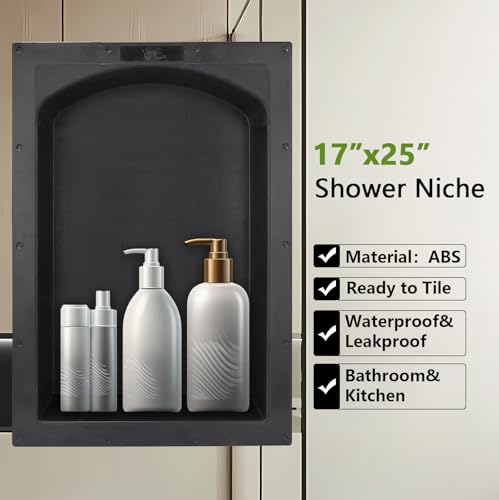 UNI-GREEN RECESSED SHOWER NICHE ARCH TOP SINGLE SHELF 17X25 UGARN101 - BLACK - Like New