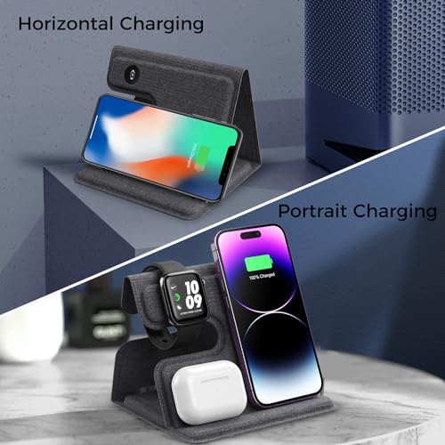 ALPHA DIGITAL 3-IN-1 FOLDABLE WIRELESS CHARGING STATION, PU LEATHER - GRAY - Like New