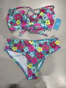CUPSHE FLORAL TIE FRONT BRALETTE SHIRRED MID RISE BIKINI SIZE M BLUE/PINK/YELLOW - Brand New
