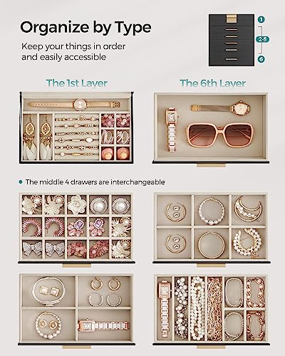 SONGMICS Jewelry Box with Glass Lid, 6-Layer Jewelry Organizer, 5 Drawers - Brand New