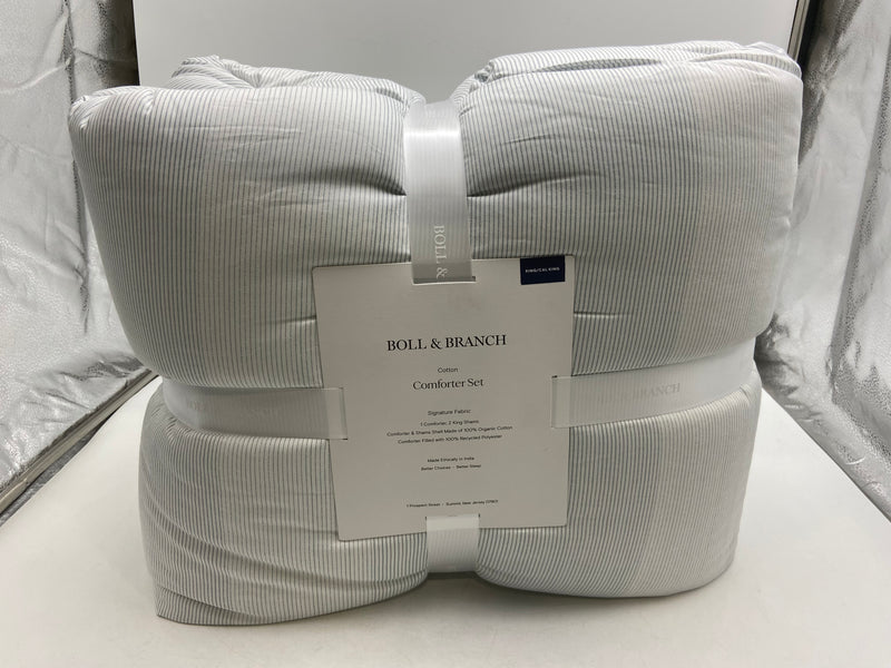 BOLL & BRANCH KING/CAL KING SIGNATURE COMFORTER SETS - FINE STRIPE WHITE/STONE - Brand New