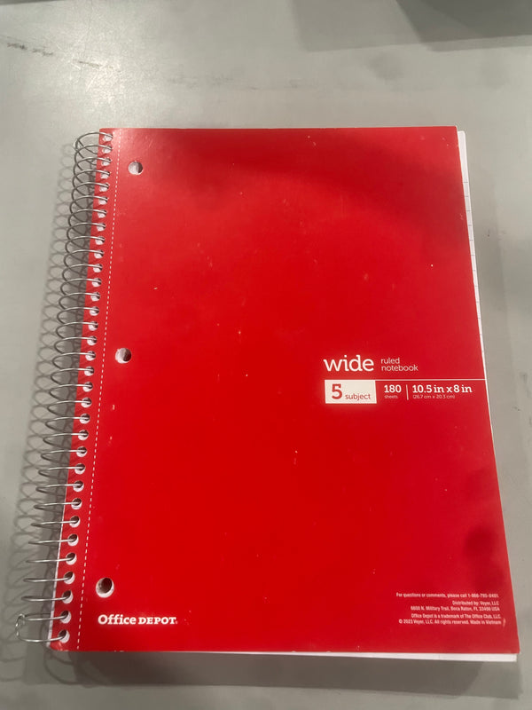OFFICE DEPOT WIREBOUND NOTEBOOK 8" X 10-1/2", 5 WIDE RULED, 180 SHEETS - RED - Brand New