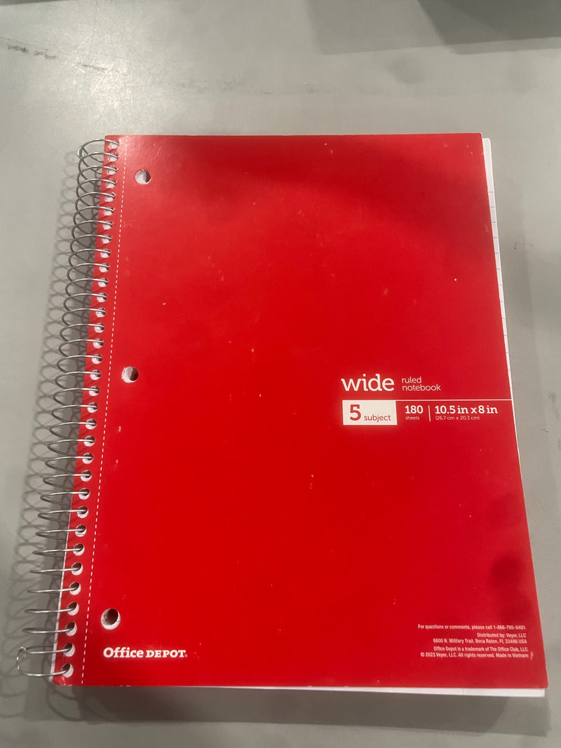 OFFICE DEPOT WIREBOUND NOTEBOOK 8" X 10-1/2", 5 WIDE RULED, 180 SHEETS - RED - Brand New