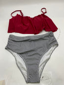 CUPSHE WOMEN'S HIGH WAISTED FALBALA BIKINI SET 2P - SIZE: L - BURGUNDY/GRAY - Like New