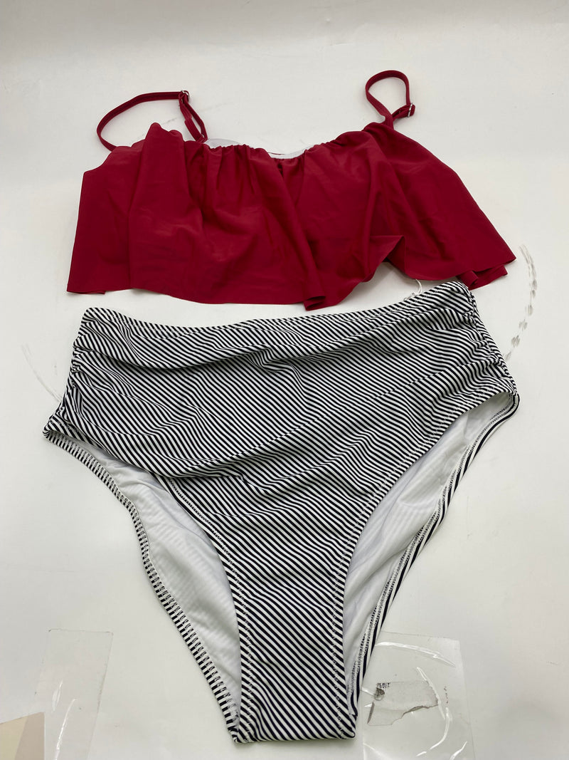 CUPSHE WOMEN'S HIGH WAISTED FALBALA BIKINI SET 2P - SIZE: L - BURGUNDY/GRAY - Like New