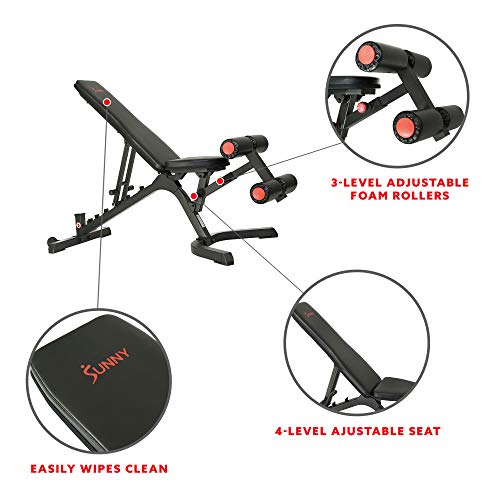 SUNNY HEALTH & FITNESS COMPACT BENCH INCLUDING BAR RACK & LEG EXTENSION FOR HOME - Like New