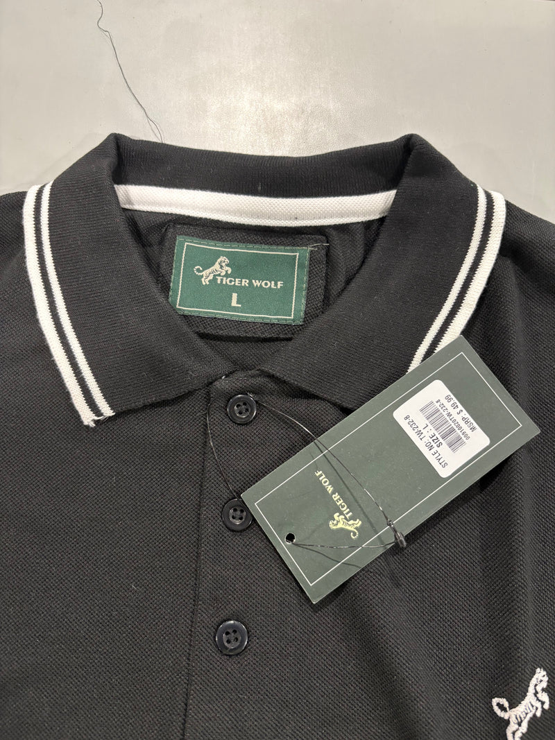 TIGER WOLF 3 BUTTON POLO SHIRT - SIZE: MEN L - BLACK/WHITE - Brand New