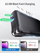 JOYFAR PORTABLE CHARGER WITH BUILT-IN USB-C CABLE & PLUG 10,000MAH 22.5W - BLACK - Brand New