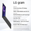 LG gram (2022) 16Z90Q Laptop, 16" (2560 x 1600) i7-1260P 16GB 1TB SSD Win 11 Like New