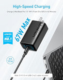 Anker 67W USB C Charger 3 Port PIQ 3.0 Compact Fast Charger A2673 - BLACK - Like New