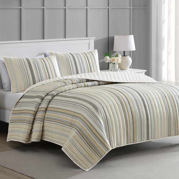 MARTHA STEWART Full/Queen Quilt Set - 3 Piece Soft WASHED - Lefferts Stripe - Brand New