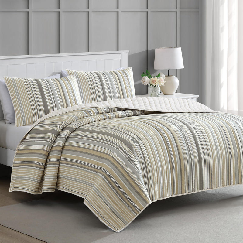 MARTHA STEWART Full/Queen Quilt Set - 3 Piece Soft WASHED - Lefferts Stripe - Brand New