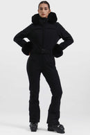 GSOU SNOW FAUX FUR SHIRRED WATERPROOF ONE-PIECE SKI SUIT - SIZE: S - BLACK - Brand New