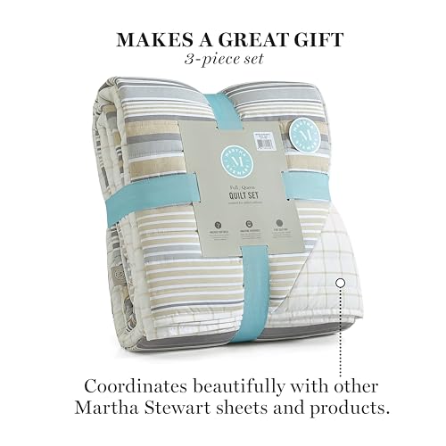 MARTHA STEWART Full/Queen Quilt Set - 3 Piece Soft WASHED - Lefferts Stripe - Brand New