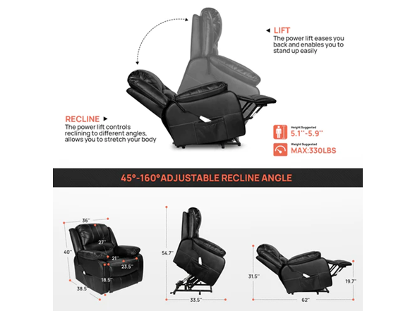 QOMOTOP POWER LIFT FAUX LEATHER RECLINER CHAIR - BLACK - Like New