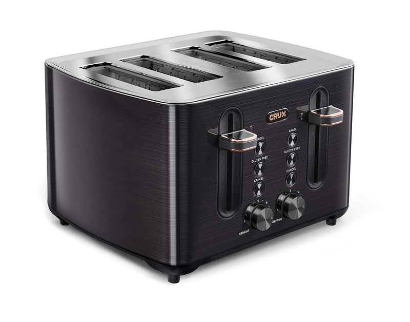 CRUX 4-SLICE TOASTER WITH EXTRA WIDE SLOTS & 6 SETTING SHADE CONTROL - BLACK - Like New