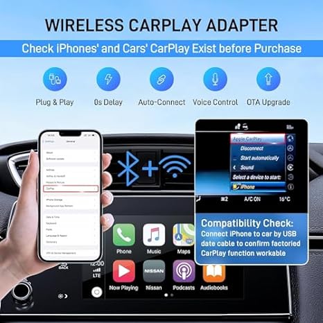 Auerds Wireless Carplay Adapter Bluetooth Wired to Wireless THT-020-2 - Black Like New