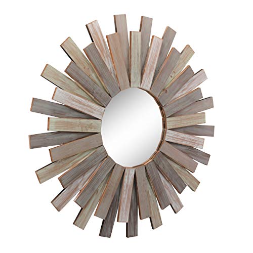 STONEBRIAR LARGE ROUND 32" WOODEN SUNBURST WALL MIRROR ATTACHED HANGING BRACKET - Brand New