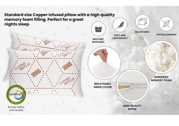 COPPERFLUX LUXURY HOME 2-PACK FOAM PILLOWS - BACK, STOMACH - WHITE/COPPER - Brand New