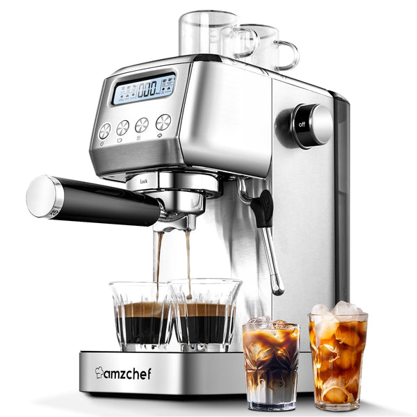 AMZCHEF 20BAR ESPRESSO MAKER FOR HOME WITH LCD PANEL MILK FROTHER - SILVER - Like New