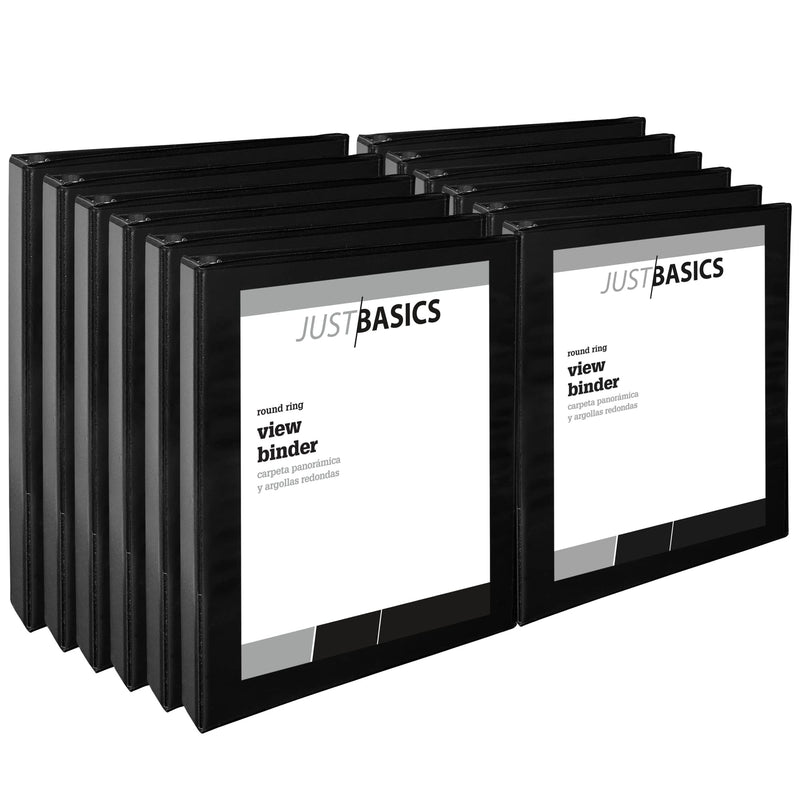 JUST BASICS ROUND-RING VIEW RINGS 61% RECYCLED PACK OF 12 BINDERS - BLACK - Like New