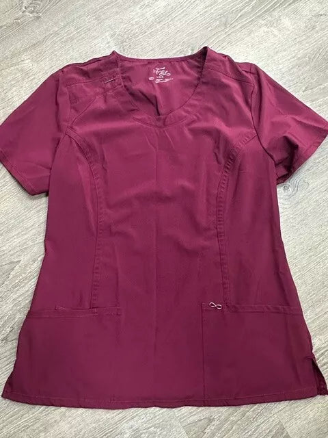 INFINITY CHEROKEE ROUND NECK NURSE SCRUB TOPS FOR WOMEN WITH 3 POCKETS L - WINE - Like New